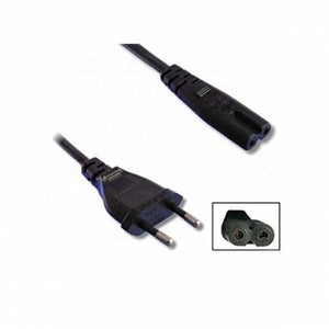 2 Pin 2.5A 250V Radio AC Power Cord Cable - a black two-prong wall plug, a two-hole device connector, and an inset close-up of the connector.