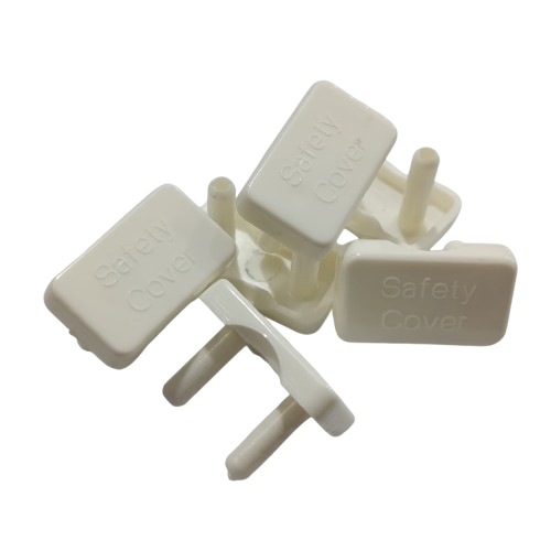 2 Pin Electrical Power Socket cover - a pile of white plastic safety covers with two pins each and the words Safety Cover embossed on the front.