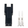 2 Pin JST-SM Male Connector 2.5mm Pitch - a black plastic connector housing next to two separate metal pin terminals.