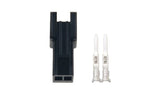 2 Pin JST-SM Male Connector 2.5mm Pitch - a black plastic connector housing next to two separate metal pin terminals.