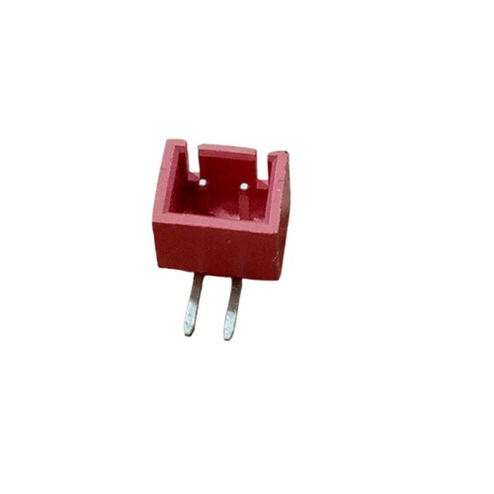 2 Pin JST-xh Male Right Angle 2515 Connector 2.54mm Pitch - a red plastic 2-pin connector with two vertical metal pins extending from the base.
