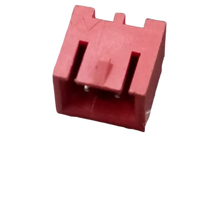 2 Pin JST-xh Male Right Angle 2515 Connector 2.54mm Pitch - a close-up of the red plastic connector housing with two exposed metal pins.
