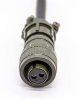 2 Pin Military Connector - Durable & Reliable Connections | Digilog.pk - a close-up view of an olive green, circular two-pin connector with labeled A and B ports attached to a black cable.
