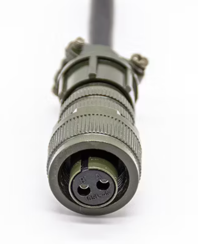 2 Pin Military Connector - Durable & Reliable Connections | Digilog.pk - a close-up view of an olive green, circular two-pin connector with labeled A and B ports attached to a black cable.