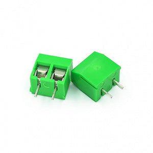 2 Pin Plug-in Screw Terminal Block Connector 5.08mm Pitch - two green plastic terminal blocks with metal screw terminals and bottom pins.