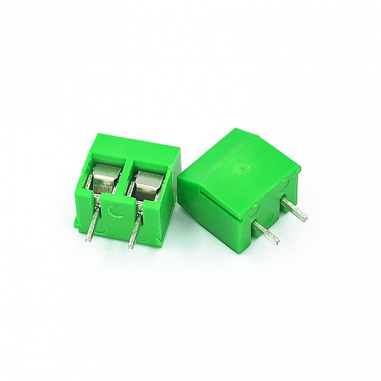 2 Pin Plug-in Screw Terminal Block Connector 5.08mm Pitch - two green plastic terminal blocks with metal screw terminals and bottom pins.