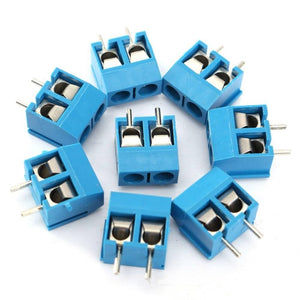 2 Pin Plug-in Screw Terminal Block Connector 5.08mm Pitch - shown as a collection of blue plastic two-terminal connectors with metal pins arranged in a circle.