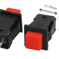 2 Pin Push Button 0.5A 220VAC - shown as two black rectangular switches with red square buttons and two metal terminals, including dimension labels.