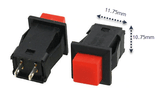 2 Pin Push Button 0.5A 220VAC - shown as two black rectangular switches with red square buttons and two metal terminals, including dimension labels.