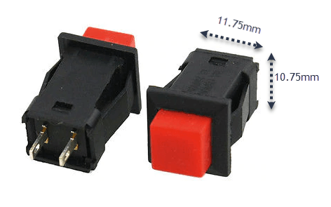 2 Pin Push Button 0.5A 220VAC - shown as two black rectangular switches with red square buttons and two metal terminals, including dimension labels.