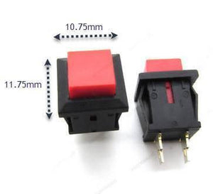 2 Pin Push Button 0.5A 220VAC - shown as two black switches with red square buttons and gold pins, including dimension lines indicating 10.75mm and 11.75mm.