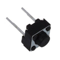 2 Pin Push Button Switch - a small black square tactile push button with a round top actuator and two long silver metal pins extending from one side.