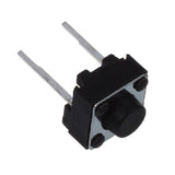 2 Pin Push Button Switch - a small black square tactile push button with a round top actuator and two long silver metal pins extending from one side.