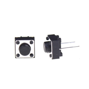 2 Pin Push Button Switch - shown from two angles, featuring a black square housing with a round central button and two metal pins extending from the side.