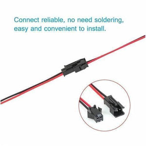 2 Pin Sm JST Connector - shown connected as a pair with a red and black wire, including an inset close-up of the two separate male and female ends.