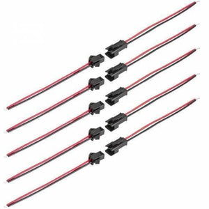 2 Pin Sm JST Connector - shown as a set of five pairs of black plastic male and female connectors with attached red and black wires.