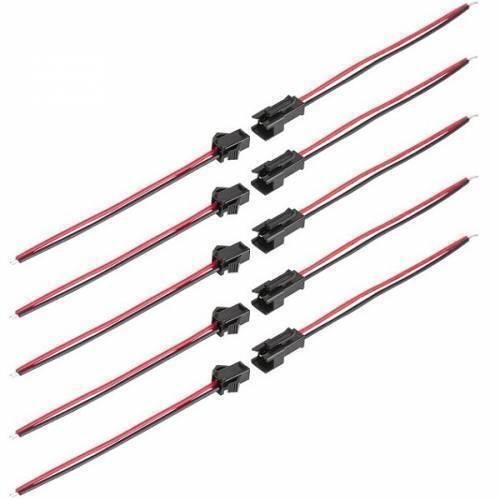 2 Pin Sm JST Connector - shown as a set of five pairs of black plastic male and female connectors with attached red and black wires.