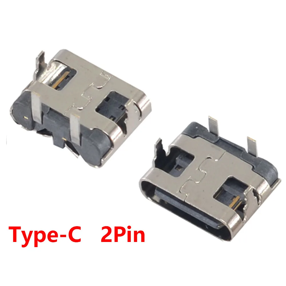 2 Pin USB Type C Connector Socket USB 3.1 Type-c Female Power Jack Dock For Mobile Phone Charging Port - two silver and black metal female charging port components angled against a white background.