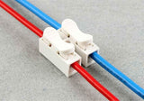2 Point Quick Connector Cable Clamp Terminal Block Spring Connector Wire - two white plastic connectors with levers clamping red and blue wires.