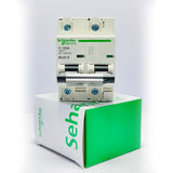 2 Pol 125A Schneider DC Breaker DC MCB IC60N - a white, two-pole modular circuit breaker with black switches, sitting on top of its green and white product box.