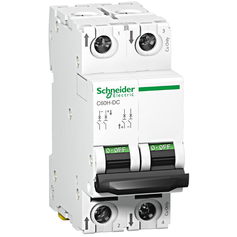 2 Pol 20A Schneider DC Breaker DC MCB IC60N - Schneider C60H-DC 2-pole circuit breaker, a white modular electrical switch with two black toggles, screw terminals, and printed wiring diagrams.