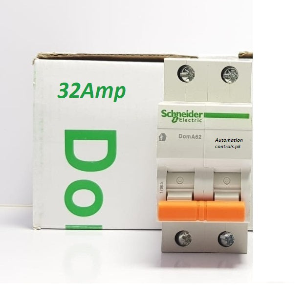 2 Pol 32A Schneider DC Breaker DC MCB IC60N - a white two-pole circuit breaker with an orange toggle switch in front of its white cardboard packaging box.