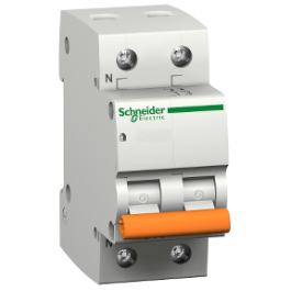 2 Pol 63A Schneider DC Breaker DC MCB IC60N - a white, two-pole electrical circuit breaker with a single orange toggle switch and terminal screws.