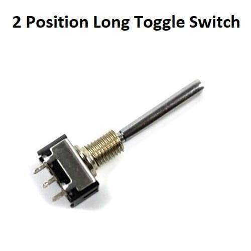 2 Position Long Toggle Switch Frsky Taranis - shown as a silver-coloured metal toggle switch with a threaded mounting base and three electrical pins.