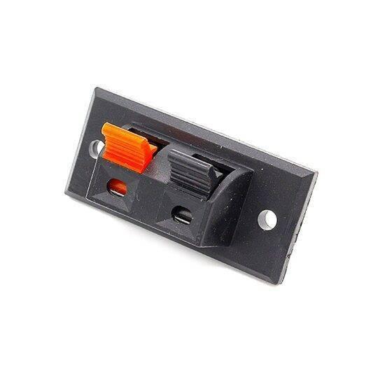 2 Positions Speaker Socket Connector Terminal Push In Jack Spring Load Audio Speaker Terminals - a black rectangular panel featuring one orange and one black spring-loaded push-in jack.