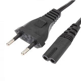 2 Prong AC Power Cord 1 Meter Long - a black two-pin electrical wall plug connected to a two-slot female connector by a black cable.