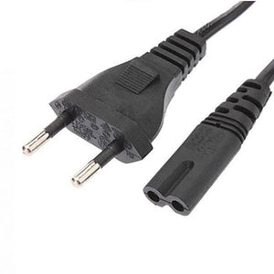2 Prong AC Power Cord 1 Meter Long - a black two-pin electrical wall plug connected to a two-slot female connector by a black cable.