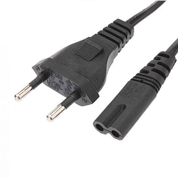 2 Prong AC Power Cord 1 Meter Long - a black two-pin electrical wall plug connected to a two-slot female connector by a black cable.