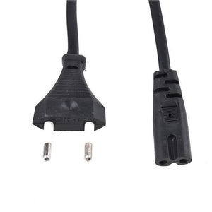 2 Prong AC Power Cord 1 Meter Long - a black two-pin wall plug and a two-hole female connector attached to a black power cable.