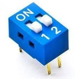 2 Way DIP Switch Binary On Off 2 Conductor Switch - a blue, rectangular electronic component with two white sliding switches labeled 1 and 2.