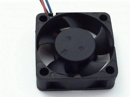 2 Wire 40x40x20mm 12V DC Brushless Fan - a black, square-shaped cooling fan with five blades and two thin red and blue wires extending from the top.