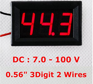 2 Wire DC 7-100V 0.56" Mini Digital Red LED Display Volt Meter Voltmeter Voltage Meter Panel, Digital Voltmeter Gauge Volt Indicator Voltage Tester - reading 44.3 with two wires extending from the left side.