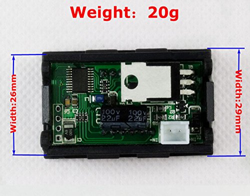 2 Wire DC 7-100V 0.56" Mini Digital Red LED Display Volt Meter Voltmeter Voltage Meter Panel, Digital Voltmeter Gauge Volt Indicator Voltage Tester - the internal green circuit board with a white connector, capacitors, and dimension labels.