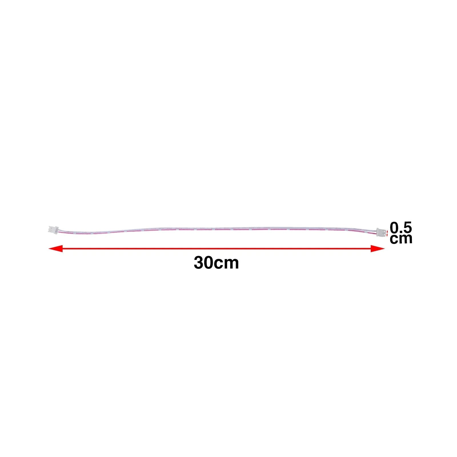 2 Wires 2.54mm Pitch Female To Female JST Xh Connector Cable Wire 26 to 30cm approximately - shown in a dimension diagram with red arrows indicating a length of 30cm and width 0.5cm.