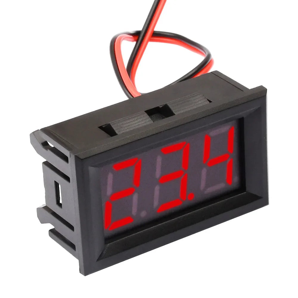 2 Wires 4.5V To 30V DC 3 Digit LED Digital Voltmeter- Red - a rectangular black panel meter with a red three-digit LED display and two power wires.