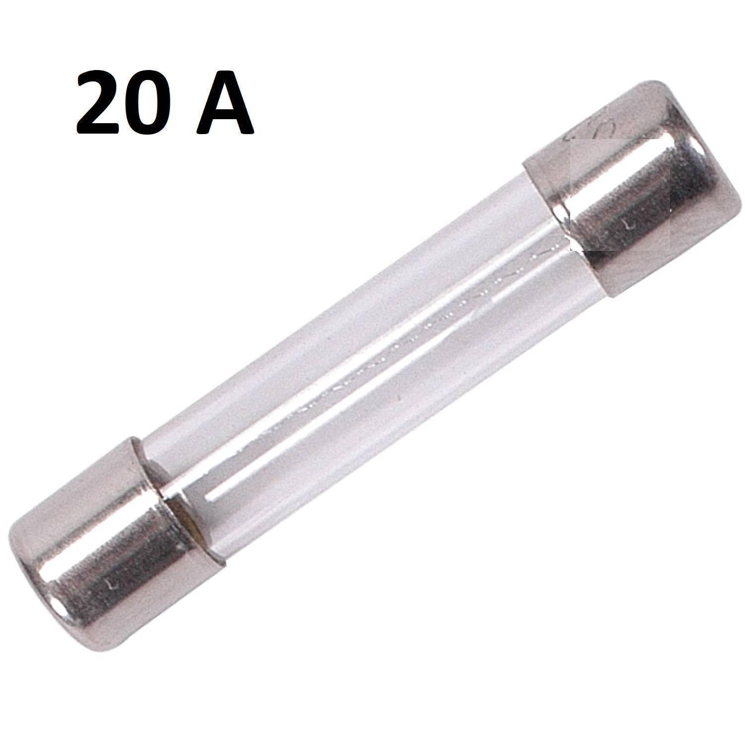 20 Amp 6x30mm 250VAC Glass Fuse - a clear cylindrical glass fuse with metal end caps, shown against a white background with the text "20 A" above it.