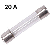 20 Amp 6x30mm 250VAC Glass Fuse - a clear cylindrical glass fuse with metal end caps, shown against a white background with the text "20 A" above it.