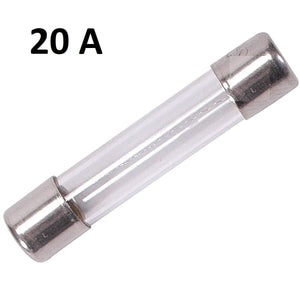 20 Amp 6x30mm 250VAC Glass Fuse - a clear cylindrical glass fuse with metal end caps, shown against a white background with the text "20 A" above it.