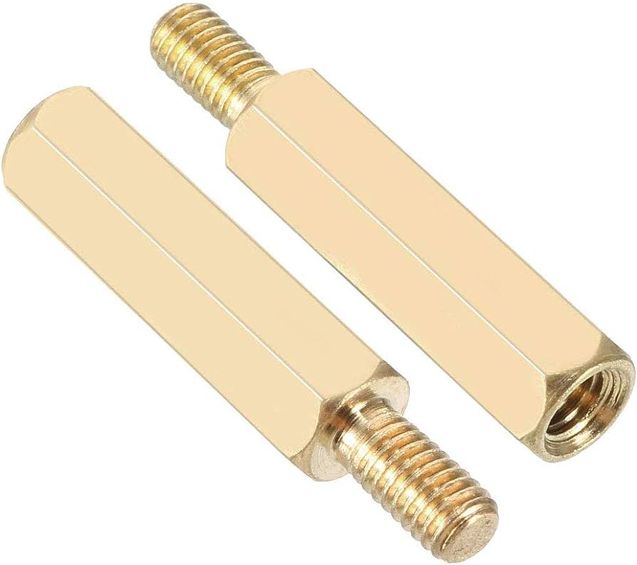 20+5mm M3X25MM Male To Female Hex Thread Standoff PCB Pillar Brass Spacer - two gold-colored metal hexagonal standoffs with threaded ends.