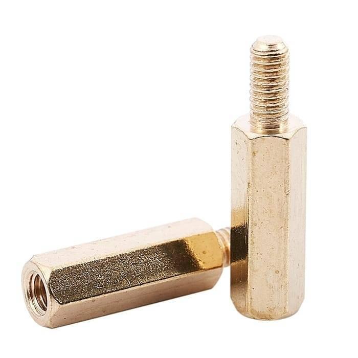 20+5mm M3X25MM Male To Female Hex Thread Standoff PCB Pillar Brass Spacer - two gold-colored hexagonal metal spacers with threaded ends.