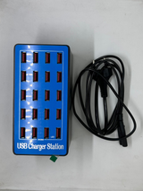 20-port USB Charger Station 5V 16A Smart Charger (wlx A5) - shown as a blue rectangular unit with twenty USB ports and an included black power cord.