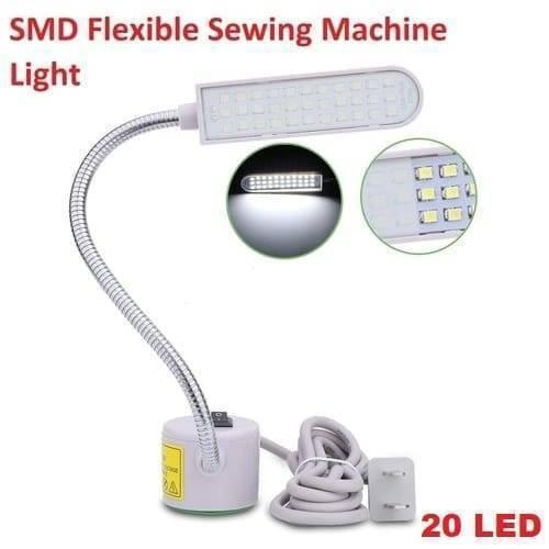 20 SMD LED Bendable Light Lamp 220V Magnetic Base Gooseneck Sewing Machine SMD Light Bulb - a white rectangular LED head, a flexible silver gooseneck, a magnetic base with a power switch, and a power cord.
