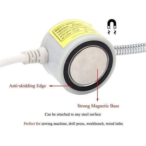 20 SMD LED Bendable Light Lamp 220V Magnetic Base Gooseneck Sewing Machine SMD Light Bulb - close-up of the grey cylindrical magnetic base with an anti-skidding edge and a flexible metal gooseneck attachment.