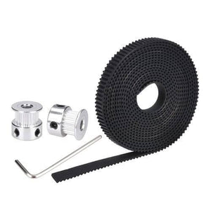 20 Teeth 8mm GT2 Pulley With 2 Meter Timing Belt For CNC 3d Printers - two silver metal pulleys, a coiled black timing belt, and an L-shaped hex key.