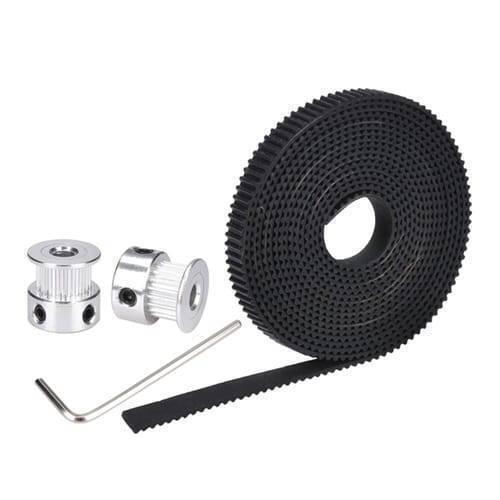 20 Teeth 8mm GT2 Pulley With 2 Meter Timing Belt For CNC 3d Printers - two silver metal pulleys, a coiled black timing belt, and an L-shaped hex key.