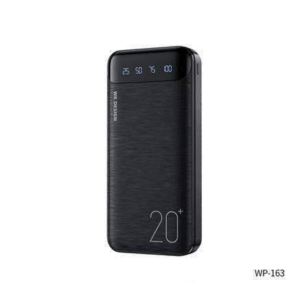 20000mAh Fast Charging Power Bank Black Wp-163 LED Display - rectangular power bank with a brushed metal texture and a digital LED display showing 25, 50, 75, 100.